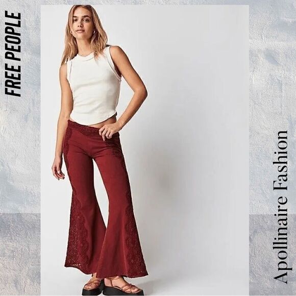 FREE PEOPLE NEPTUNE’S NET CROCHET FLARE PANTS IN WASHED WINE NWT - Picture 2 of 9
